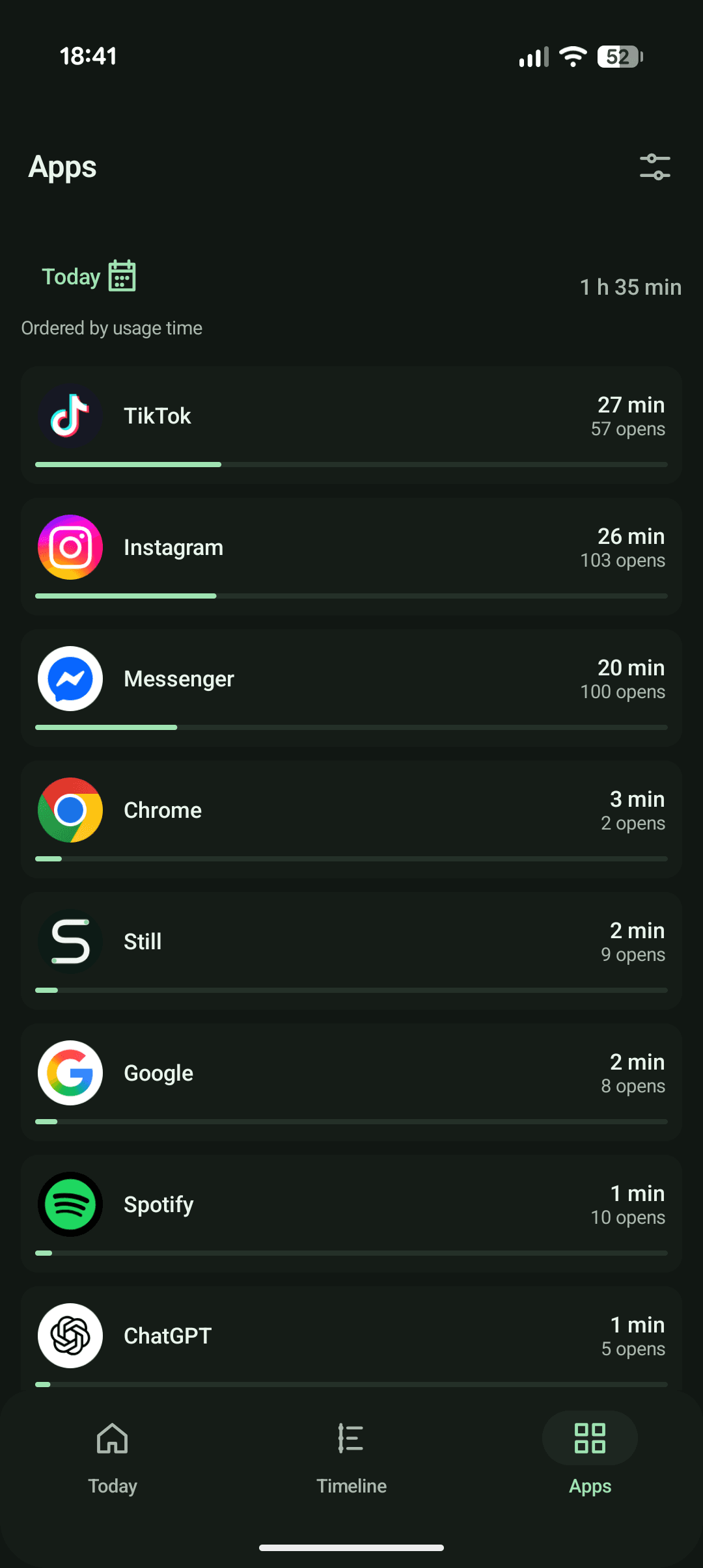Still Apps screen showing daily app usage and open counts