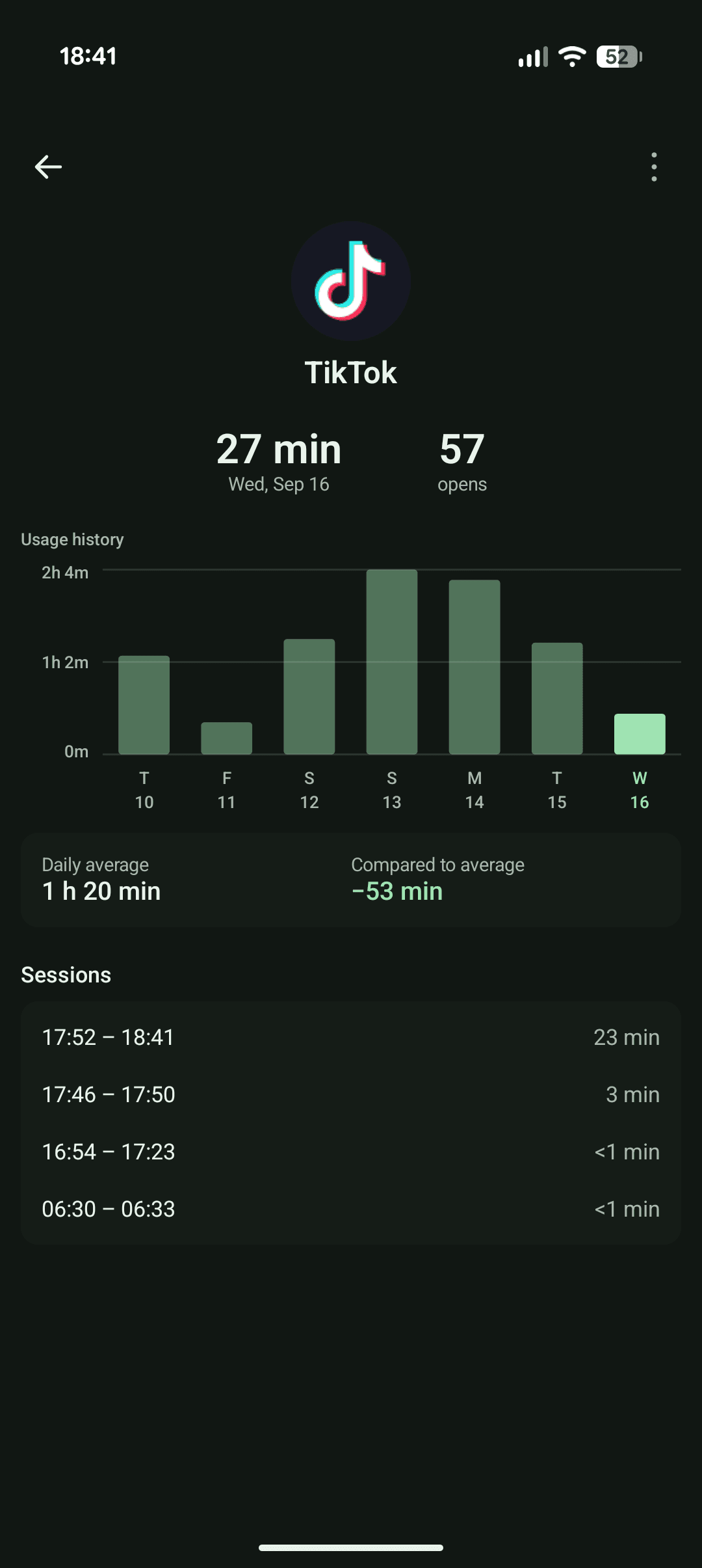 Still app detail screen showing usage history and sessions