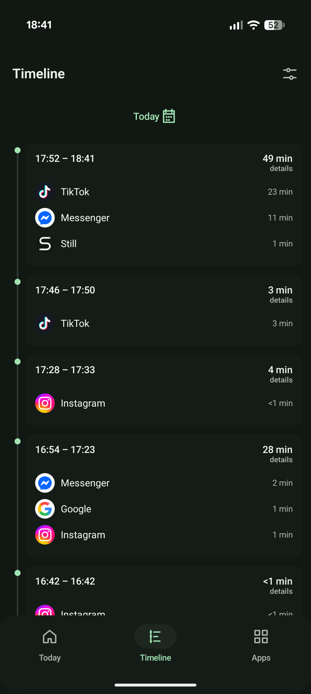 Still Timeline screen showing reconstructed phone sessions
